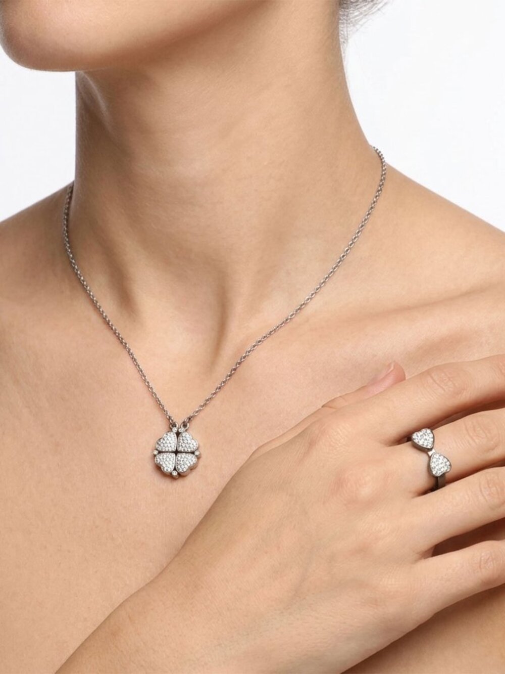 Folli Follie Silver Plate Crystal Heart Clover Convertible Necklace & Ring Set